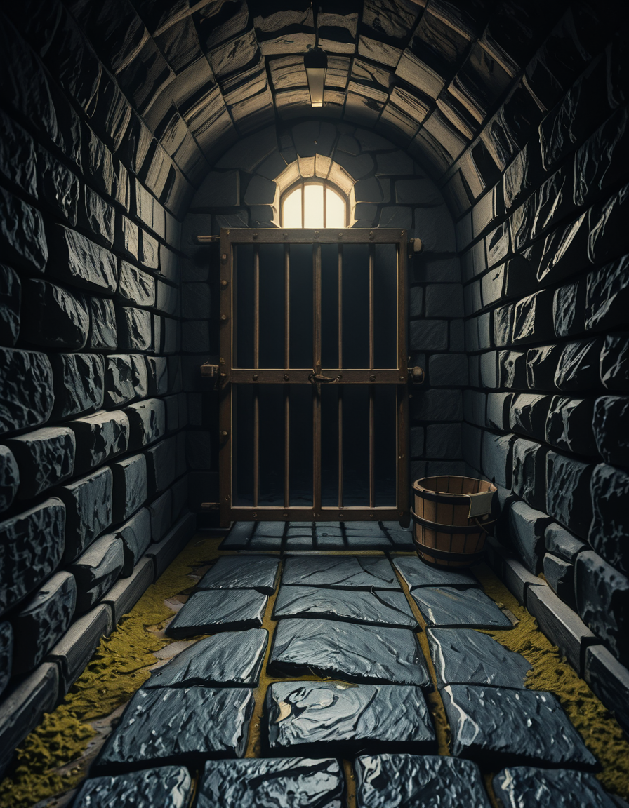 A highly detailed, hyper-realistic photograph of a dark medieval dungeon prison cell. The scene is dimly lit by a single flickering torch mounted on a damp stone wall, casting eerie shadows across the rough, moss-covered stones. Heavy, rusted iron bars form the cell door, slightly ajar, with visible corrosion and ancient padlocks. Inside the cell, there is a straw-covered floor, old wooden buckets, and a crude, splintered wooden bench against the back wall. Chains and manacles hang loosely from the walls, showing signs of long-term use. The atmosphere is cold, humid, and oppressive, with faint light rays piercing through tiny cracks in the stone ceiling. Cobwebs stretch across the corners of the cell, and faint water drips from above, creating small puddles. The overall mood is grim, desolate, and foreboding. Photorealistic style, with high dynamic range (HDR) lighting and extreme attention to textures like rust, moisture, and decay.
<lora:SDXLFaeTastic2400:0.4> <lora:extremely_detailed:0.4> extremely detailed,medieval dungeon pr1s0n c3ll <lora:medieval_dungeon_pr1s0n_c3ll-i:1>, Masterpiece,best quality,hi res,8k,hi res,8k,award winning,(sharp focus, intricate, highly detailed),