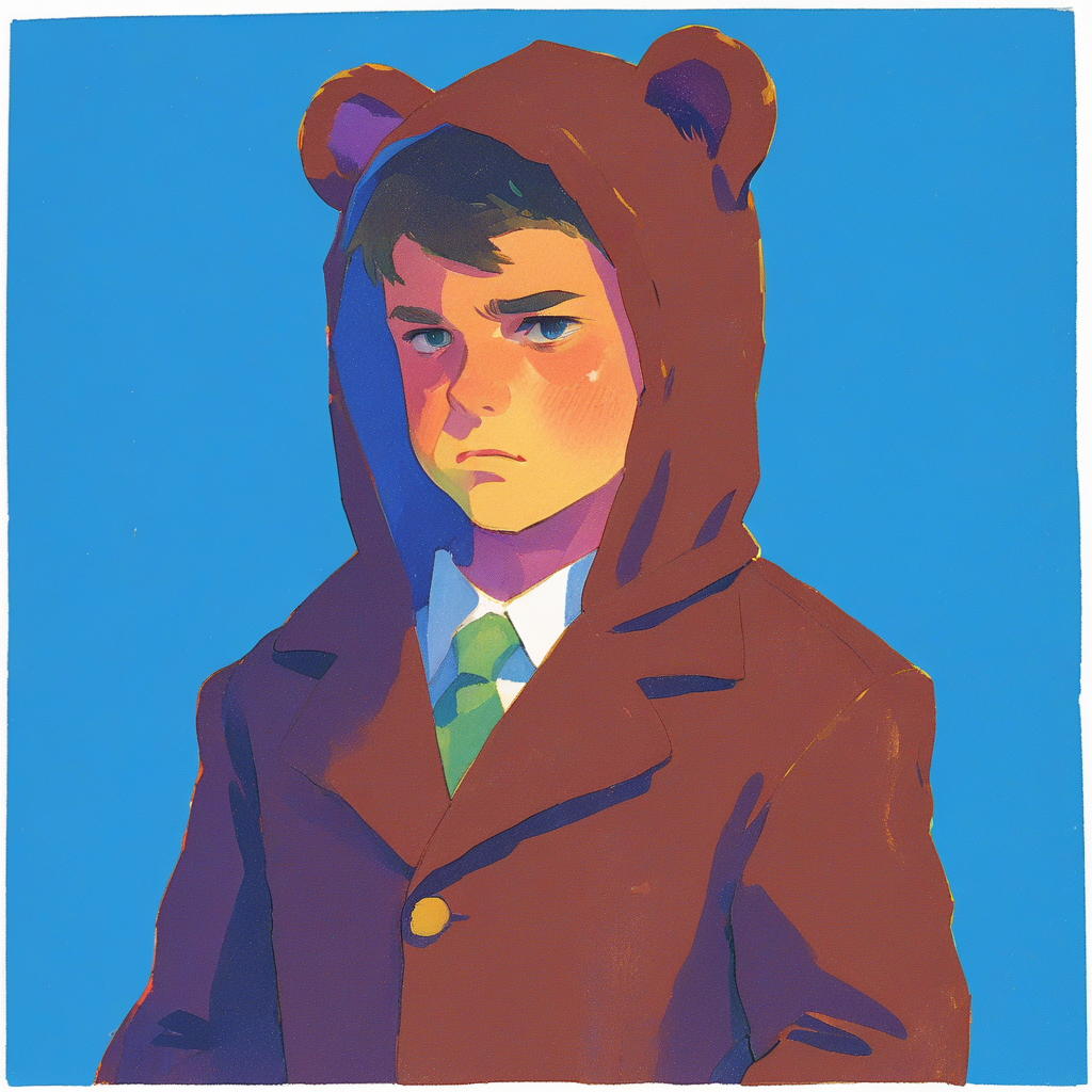 a boy in a teddy bear costume frowning