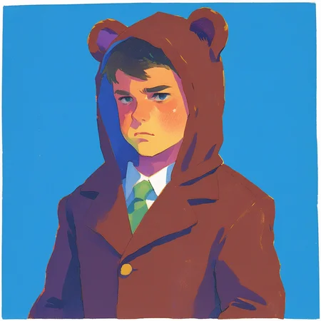 a boy in a teddy bear costume frowning