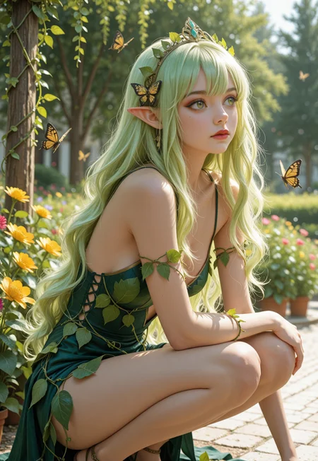  impressionism (1.5), perfect eyes, high detail, depth of field, (blurred background), (dramatic lighting),masterpiece, best quality,((asd123)),very aesthetic,8k,  (( neon green-yellow)),

 1girl, solo, elf, pointy ears, light green hair, very long hair, wavy hair, flower tiara, floral hair ornament, colorful flowers, thick eyebrows, green eyebrows, dark green eyes, detailed eyes, brown eyeshadow, eyeshadow under eye, red lips, parted lips,
leaf dress, vine straps, bare thighs, vines around arm, intricate pattern, intricate details, crouching, vines, too many butterflies,  flowers, garden, trees, bokeh, blurry background, depth of field, 
natural lighting, outdoors lighting, sunny, 
side view, facing to the side, looking to the side,    
masterpiece,best quality,amazing quality,very aesthetic,absurdres,newest, anime coloring
 <lora:MGE_V5.3:0.5> <lora:mon_monmon2133:0.5> <lora:ppw_v7_animv4_1_r2:0.3> <lora:noobai_ep11_stabilizer_v0.178_fp16:0.3> <lora:ma1ma1helmes_b:0.4> ma1ma1helmes_b_illu,sketch