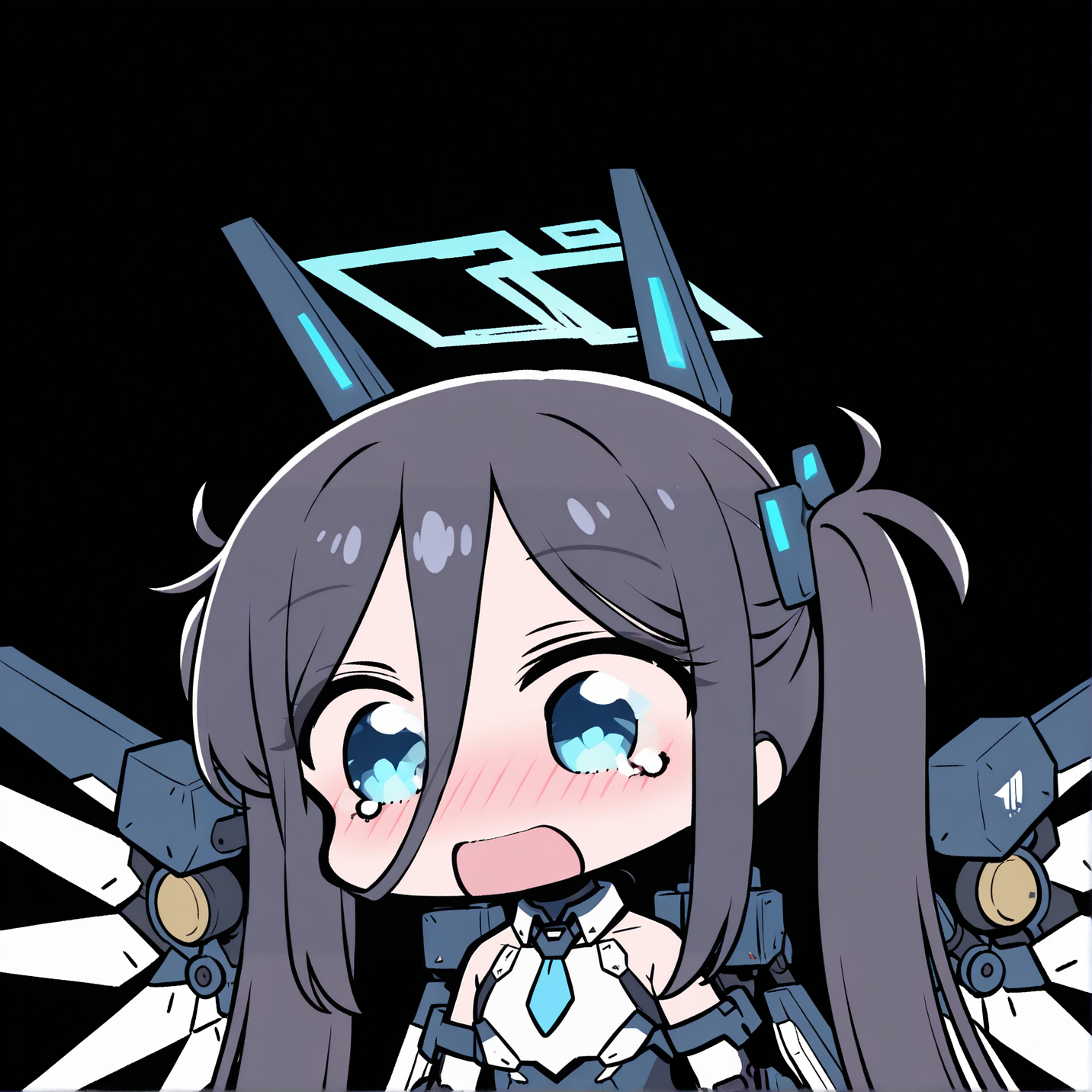 solo, parody, chibi, liz_love, surprised, blush, tears <lora:liz_love:1>1girl, very long hair, twintails, black hair, blue eyes, halo, leotard, necktie, mecha musume, mechanical arms, upper body, mechanical wings <lora:mecha_aris:0.8> black background, simple background, masterpiece, best quality, amazing quality, very aesthetic, absurdres, highres, newest