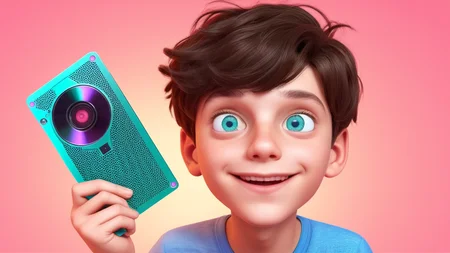 A boy with heart-shaped eyes looks at the new video card he's holding in his hands. Stylized