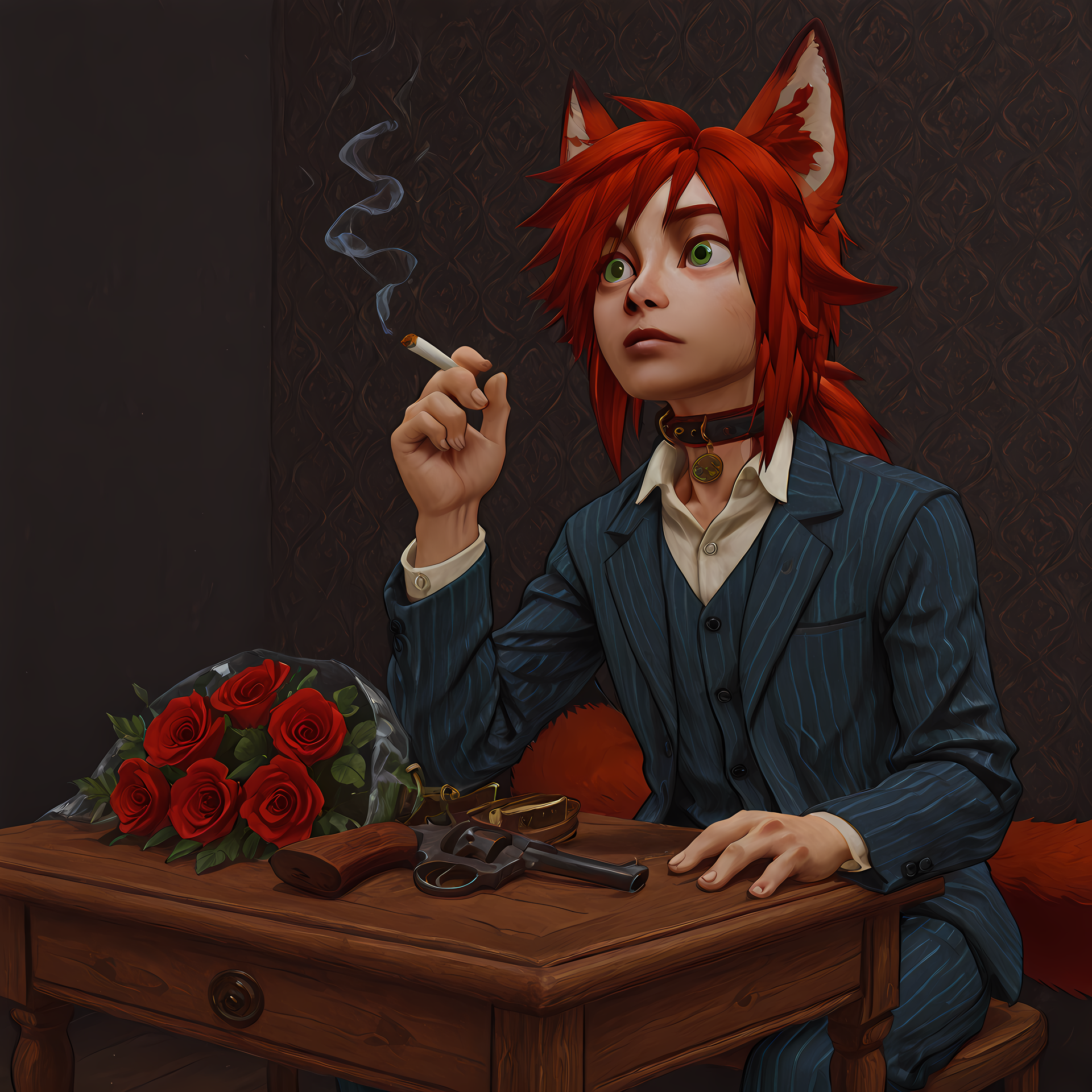 masterpiece, best quality, amazing quality, BREAK
mtmltyolb, sitting, table, roses, bouqet, handgun, revolver, holding cigarette, 5 fingers, BREAK
1boy, solo, male focus, elphkun, fox ears, red hair, green eyes, collar, low ponytail, pinstripe suit, 2tails, two tails, BREAK 
  <lora:Music to Make Love to Your Old Lady By - ILXL:0.8> <lora:Elph Kitsuoka - ILXL:1.0>, <lora:koyama01rw:0.8> <lora:VonBoche_-_Style-000007:0.8> vonboche