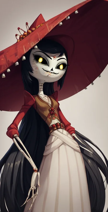score_9,score_8_up,score_7_up,score_6_up, solo, 1girl, hat, black hair, yellow eyes, colored sclera, black sclera, long hair, looking at viewer, smile, <lora:Adelita_Sánchez_Pony_XL_Book_of_Life:1>