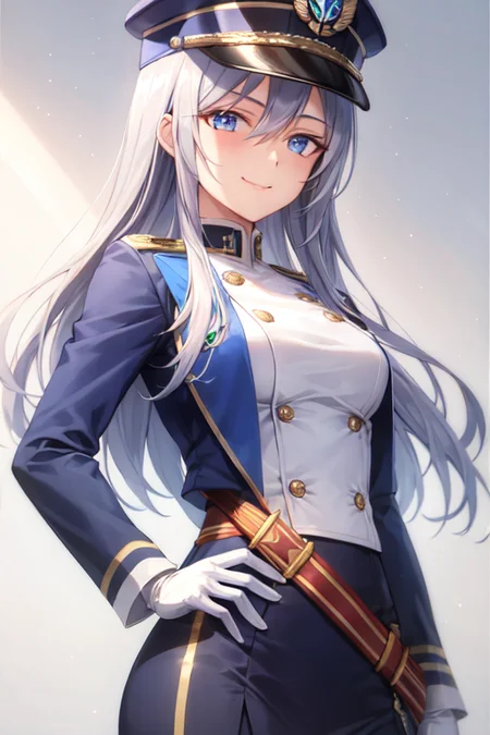 1girl, gloves, hair_between_eyes, hat, jacket, long_hair, long_sleeves, looking_at_viewer, military, military_uniform, silver_hair, smile, solo, uniform, white_gloves