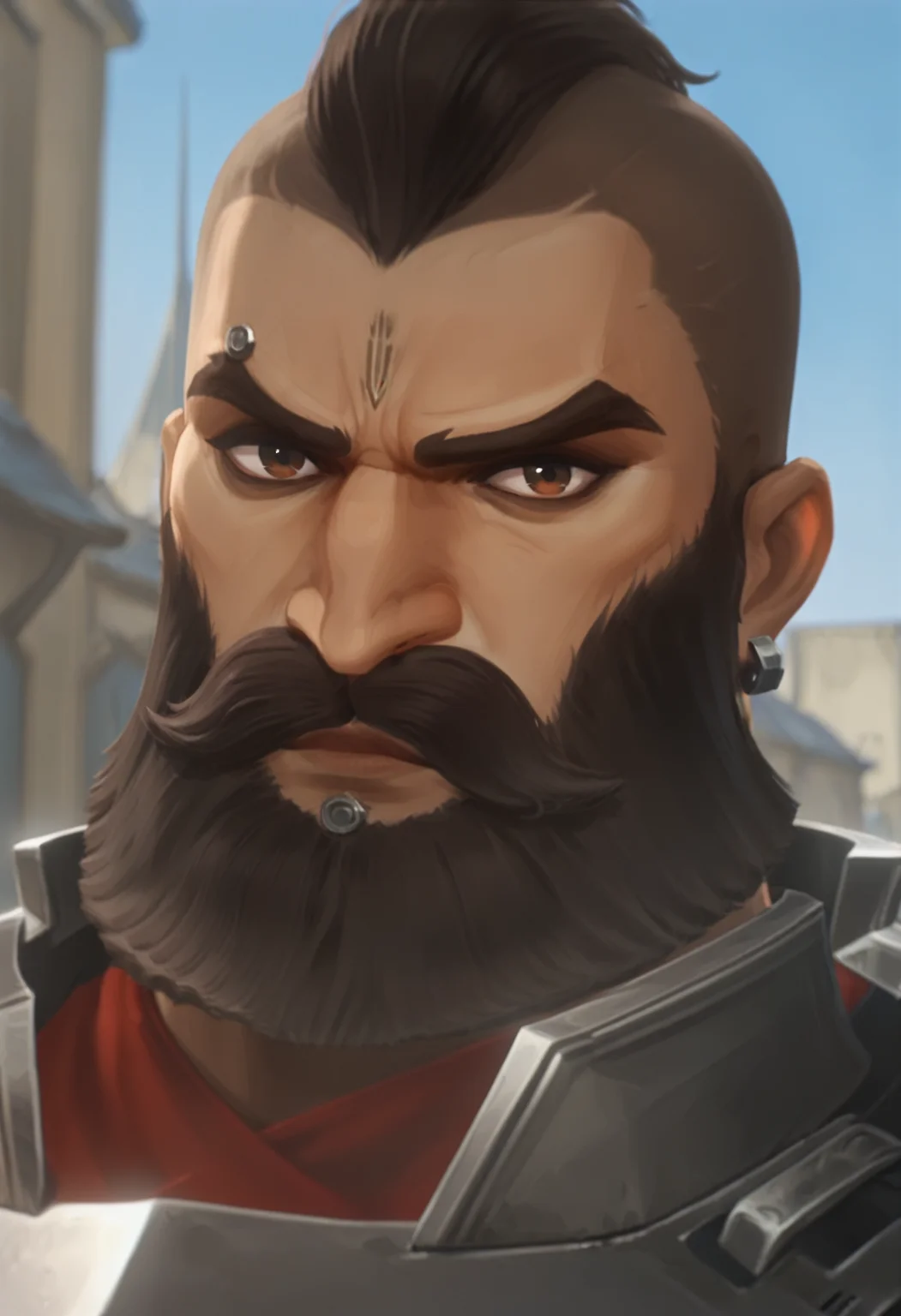 embedding:lazympos, 1boy, facial hair, male focus, short hair, rcts_arcn, mustache, armor, forehead tattoo, blurry_background, looking_at_viewer, closed_mouth, outdoors, blue sky, depth_of_field, portrait, building, single_earring, 