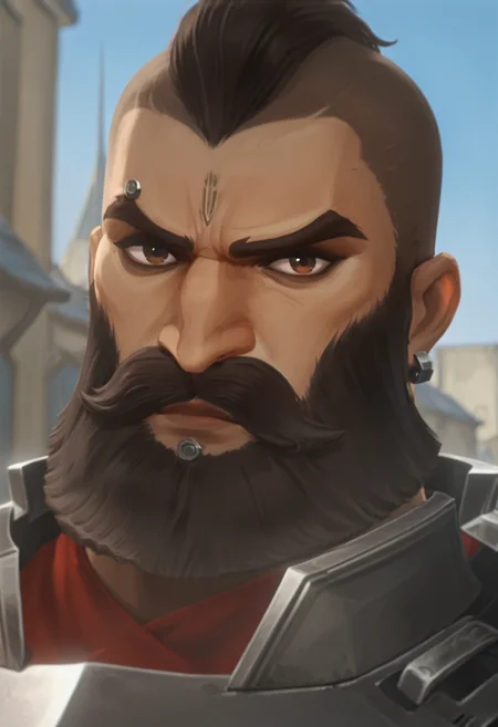 embedding:lazympos, 1boy, facial hair, male focus, short hair, rcts_arcn, mustache, armor, forehead tattoo, blurry_background, looking_at_viewer, closed_mouth, outdoors, blue sky, depth_of_field, portrait, building, single_earring, 