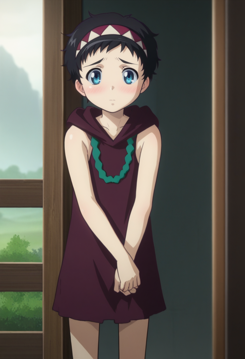 score_9, score_8_up, score_7_up, , <lora:add-detail-xl:3>,
BREAK
<lora:rana_qb:0.8>, rana, blue eyes, black hair, short hair, hairband, hooded dress, sleeveless, dark, ,
BREAK
solo, standing, shy, blush,,