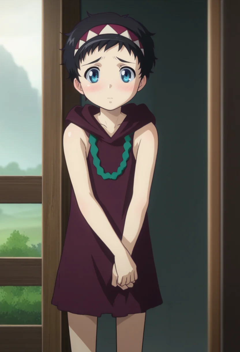score_9, score_8_up, score_7_up, , <lora:add-detail-xl:3>,
BREAK
<lora:rana_qb:0.8>, rana, blue eyes, black hair, short hair, hairband, hooded dress, sleeveless, dark, ,
BREAK
solo, standing, shy, blush,,