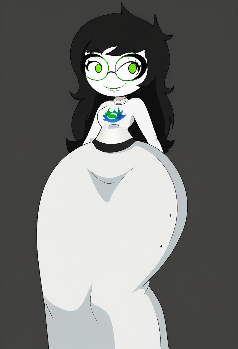 OverallDetail, cloudcyanide, solo, 1girl, jadeharleystart, 1girl, solo, black hair, long hair, glasses, green eyes, smile, white shirt, long skirt, huge hips, wide hips, black glasses, black eyes,