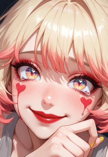 heart, vibrant colors, in lush style, painterly, masterpiece, high_quality, highres, best_quality, extreme closeup, 1woman, light red hair, blonde highlights, (extremely detailed eyes), sparkling eyes, painted face, makeup, lips, red lipstick, eye shadow, vibrant tears, sparkling tears, round face, dimples, grey top, finger wiping away tear, smile, yellow nail polish, three quarter view, bittersweet, intimate, longing, emotion, emotional beauty, dynamic pose, dynamic angle