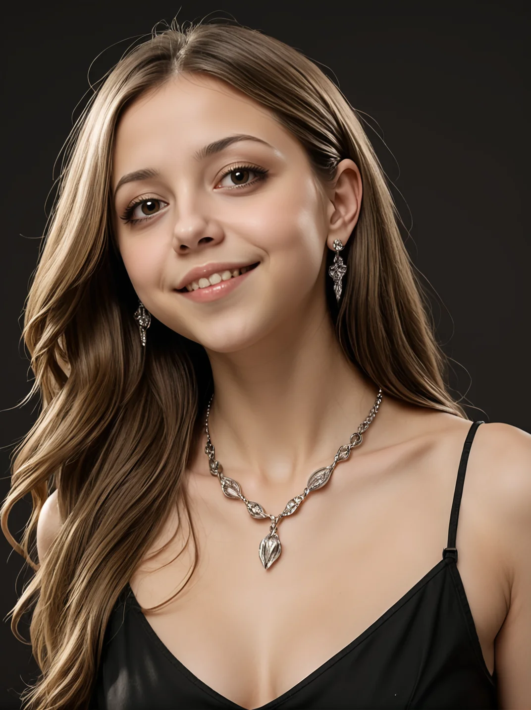 felicitysynthxl, solo, face focus, from the side, leaning over, long hair, simple background, brown hair, brown eyes, jewelry, parted lips, teeth, necklace, lips, black background, realistic