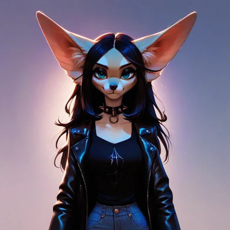 digital_media_(artwork) hi_res, score_9, score_8_up, score_7_up, score_6_up, score_5_up, score_4_up, rating_safe, beautiful, intricate, high quality details, highly detailed, amazing quality, anthro, furry, no humans, furry female, detailed textured fur, fur tufts, fluffy, cute, cute face, small, detailed sexy eyes, solo, SFW, fennec, small face, big ears, expressive, sassy, multicolored hair, streaked hair, absurdres, highres, shirt, denim pants, leather jacket, spiked collar, clothed slim, clothed slender, clothed skinny, goth, heavy eyeliner, heavy eye shadow, breasts, vivid colors,