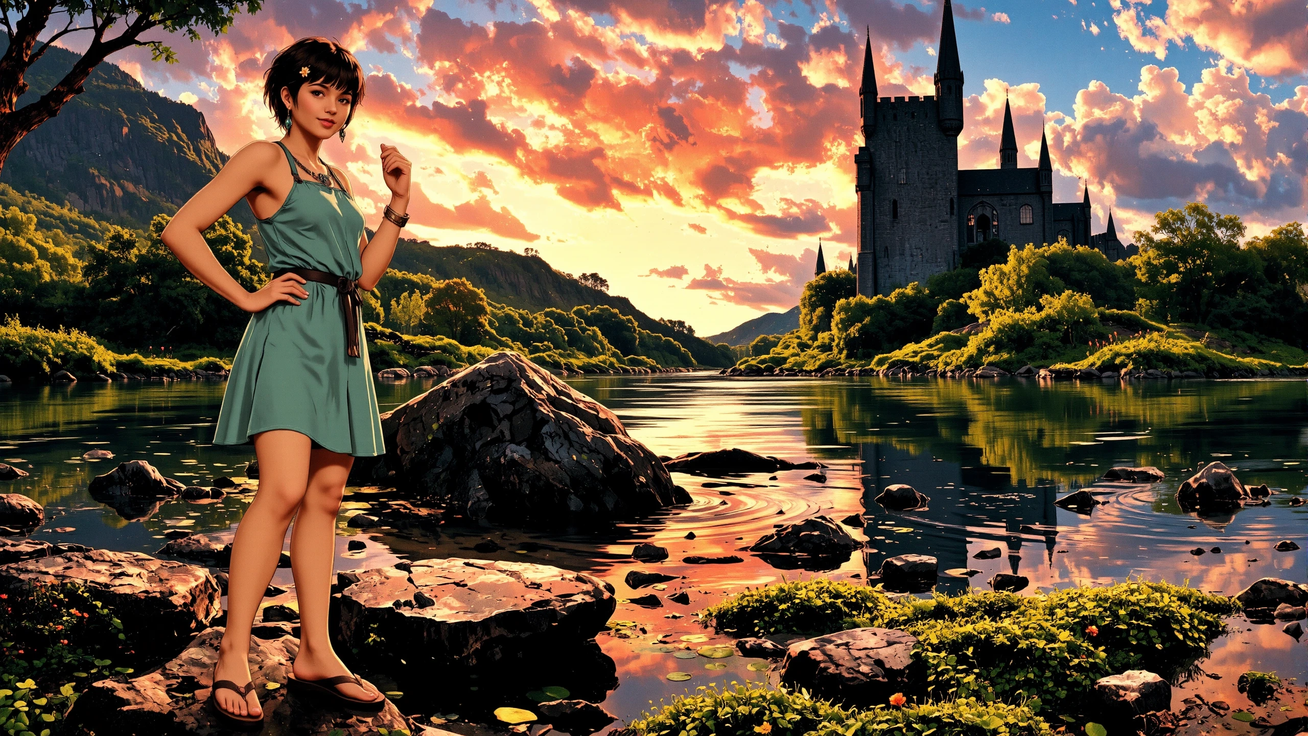 frohawk dark brown hair young woman, druid, illustration, comic, anime, extremely detailed, portrait, standing, happy smile, flower in hair, glossy lipstick, celtic necklace, stud earrings, loincloth, sandals,  Seafoam Green druid short dress, legs, sharp focus, fantasy, celtic landscape, small rock, moss, ripples, reflections, celtic  castle, small river pond, druid forest, druid village, stunning nature environment, enchanted land, clovers, Bright Chrome flowers, best quality, colorful, wet floor, bright sunny sky, sunset, raytracing, hdr, high contrast, ethereal natural lights, backlight, lens flare, shadows, vibrant colors, colorful, pretty, beautiful, happy, smiling, feminine, sexy, lovely, in love, adorable, fashion,  <lora:Hand v2:1> <lora:Anti-Blur:1><lora:Insane Detail Slider:0.5>  <lora:flux.1_lora_flyway_Epic-detail_v2:0.3><lora:fluxenhancer:0.5> <lora:RetroAnimeFluxV1:0.4> <lora:Luminous_Shadowscape:0.4>