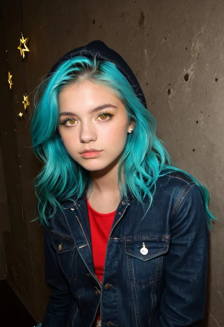 amazing quality, masterpiece, best quality, hyper detailed, ultra detailed, UHD, perfect anatomy,hyper-realism, realistic, flickering stars as she plays with her hair. crystalake, aqua hair, yellow eyes