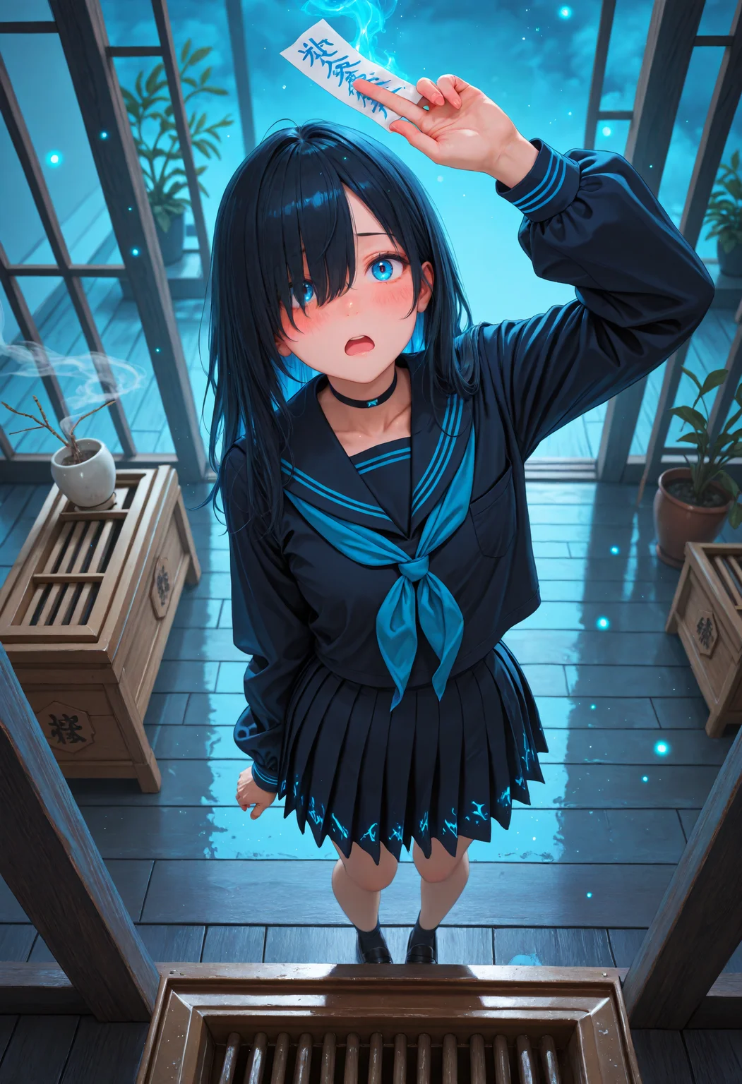 (depth of field, bokeh, highly detailed, textured clothing, absurdres, masterpiece, high_quality, newest, incredibly_absurdres, very_aesthetic, depth_of_field, blurry, blurry_background, bloom, blender_\(artwork\), zbrush_\(artwork\), digital_painting_\(artwork\) light_particles, raytraced, volumetric_lighting)
((from_above, dark_theme, blue theme, one arm up, hanging ofuda, fireflies), 1girl, blurry_foreground, donation box, smoke_trail, magic, hair over one eye, school uniform, long hair, skirt, black hair, wooden floor, incense, solo, serafuku, shocked, blush, embarrassed, looking at viewer, shimenawa, plant, blue eyes, black skirt, choker, sailor collar, blush, pleated skirt, neckerchief, bangs, long sleeves, bag, socks, standing, blue neckerchief, shirt, black choker, black serafuku, shoes, potted plant, looking up)