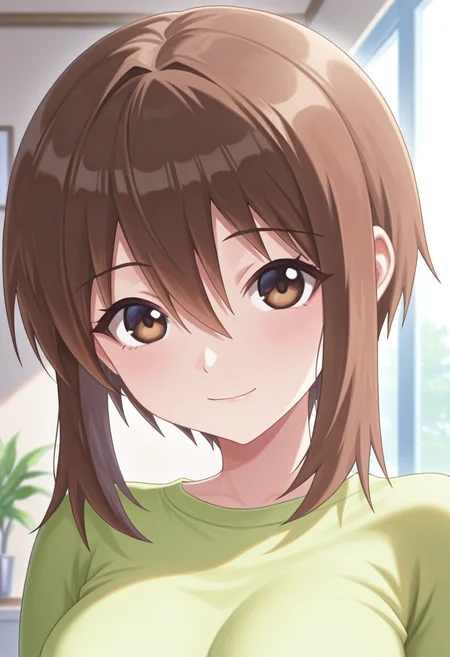 masterpiece, best quality, amazing quality, 1girl, solo, (portrait:1.2), n-motherww, brown eyes, brown hair, short hair, bangs, hair between eyes, sidelocks, medium breasts, green shirt, looking at viewer, smile, indoors, day, skindentation, detailed clothing folds, depth of field, sharp, high contrast, dynamic light <lora:Nagasumi_Mother_Seto_no_Hanayome_ill_v11:0.9>