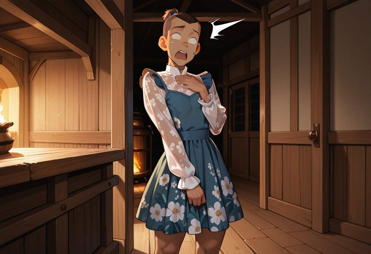 masterpiece, best quality, amazing quality,
1boy, solo,
Sokka,
dress,floral print,long sleeves
slim but muscular body,
standing, covering body,
in tavern,surprised,almost tearing up, blank eyes, open mouth