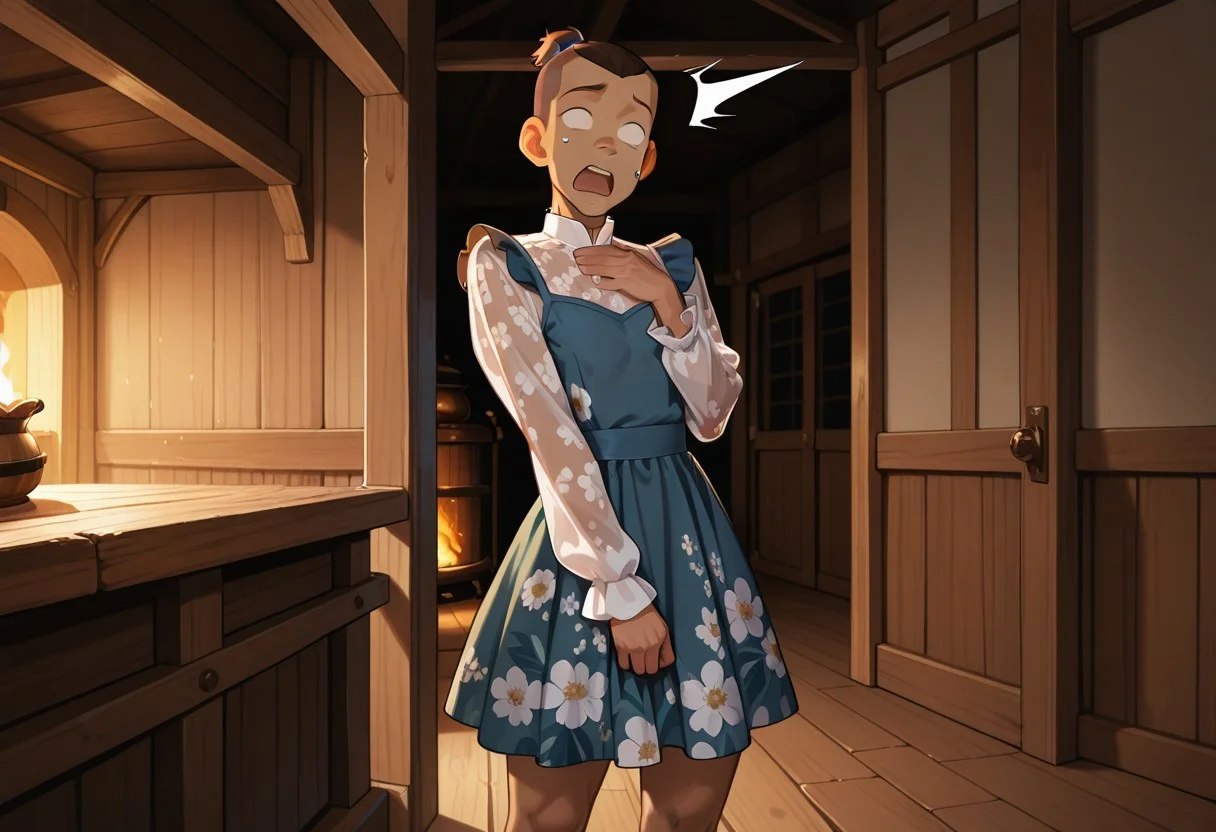 masterpiece, best quality, amazing quality,
1boy, solo,
Sokka,
dress,floral print,long sleeves
slim but muscular body,
standing, covering body,
in tavern,surprised,almost tearing up, blank eyes, open mouth