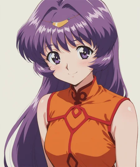 masterpiece, best quality, amazing quality, very aesthetic, ultra detail, clear line, solo, <lora:little_niece_v01:0.8>, little niece, purple eyes, long hair, dark purple hair, hair ornament, orange dress, sleeveless dress, smile, upper body, simple background, <lora:LECO_BadHands:1.2>, <lora:LECO_GoodHands:-1.2>
