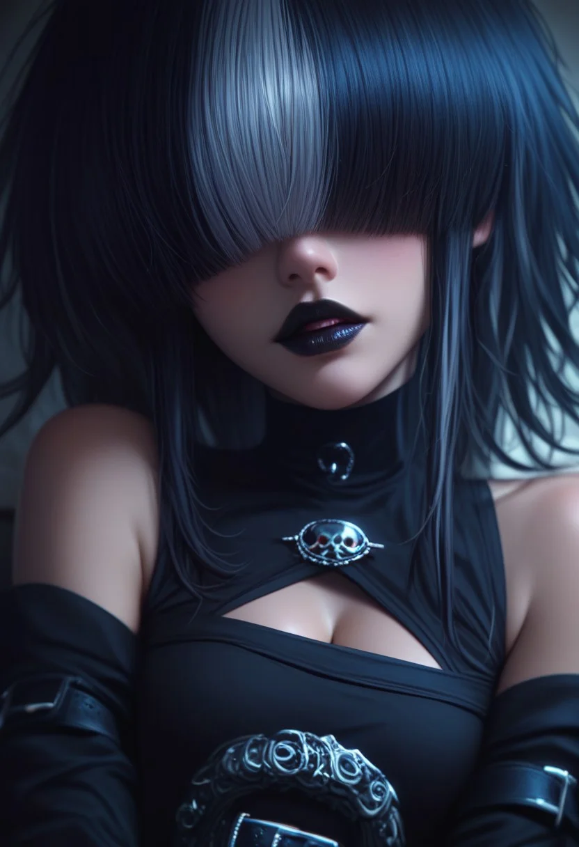 Score_9, score_8_up, score_7_up, score_6_up, score_5_up, score_4_up, retro anime style,solo, 1girl, gothmom, multicolored hair, hair over eyes, black lipstick, black dress, long sleeves, belt, bare shoulders, cleavage, masterpiece, best quality, good quality, newest,