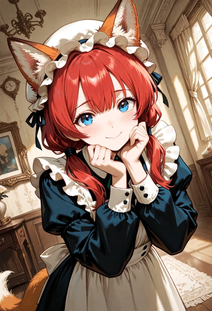 masterpiece, best quality, good quality, very awa, very aesthetic, absurdres, newest, gr4ph1t3, beautiful eyes, perfect eyes, detailed eyes, 1girl, solo, maid, Victorian style maid clothes, full sleeves, long apron, classic, maid mob cap, long red hair, twintails, low twintails, fox ears, beautiful blue eyes, closeup, upperbody, blush, shy smile, hands under chin, looking at viewer, dutch angle, Victorian room,