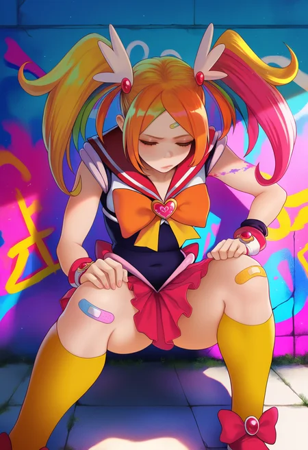 best quality, amazing quality, very aesthetic, absurdres,
BREAK
1girl, twintails, magical girl, red sailor outfit, colorful, graffiti, bored, slouching, squatting, legs apart, bandaid on knee, [refraction|caustics|rim lights|backlighting|bloom],     <lora:Magion02NoobLocon_byKonan:1>