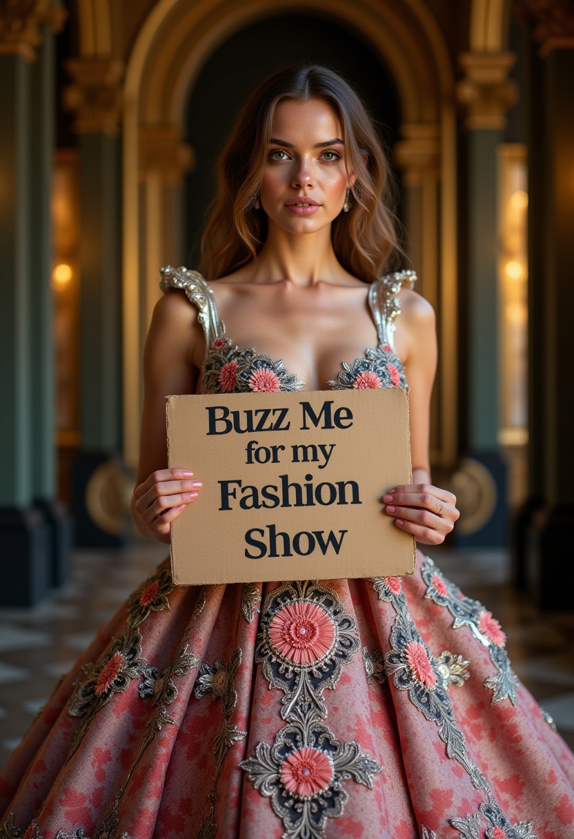 award winning photo of a supermodel holding a cardboard with quote "Buzz Me for my fashion show". She is wearing a stunning and captivating fashion design that blends elegance with innovation. The image should feature a breathtaking haute couture gown with intricate detailing, a perfect balance of modern and classic elements, and a palette of luxurious, vibrant colors. The design should include delicate embellishments, rich textures, and unique silhouettes that push the boundaries of contemporary fashion. Ensure the setting is equally impressive, with a sophisticated backdrop that enhances the allure of the garment, making the entire composition unforgettable and truly distinctive."