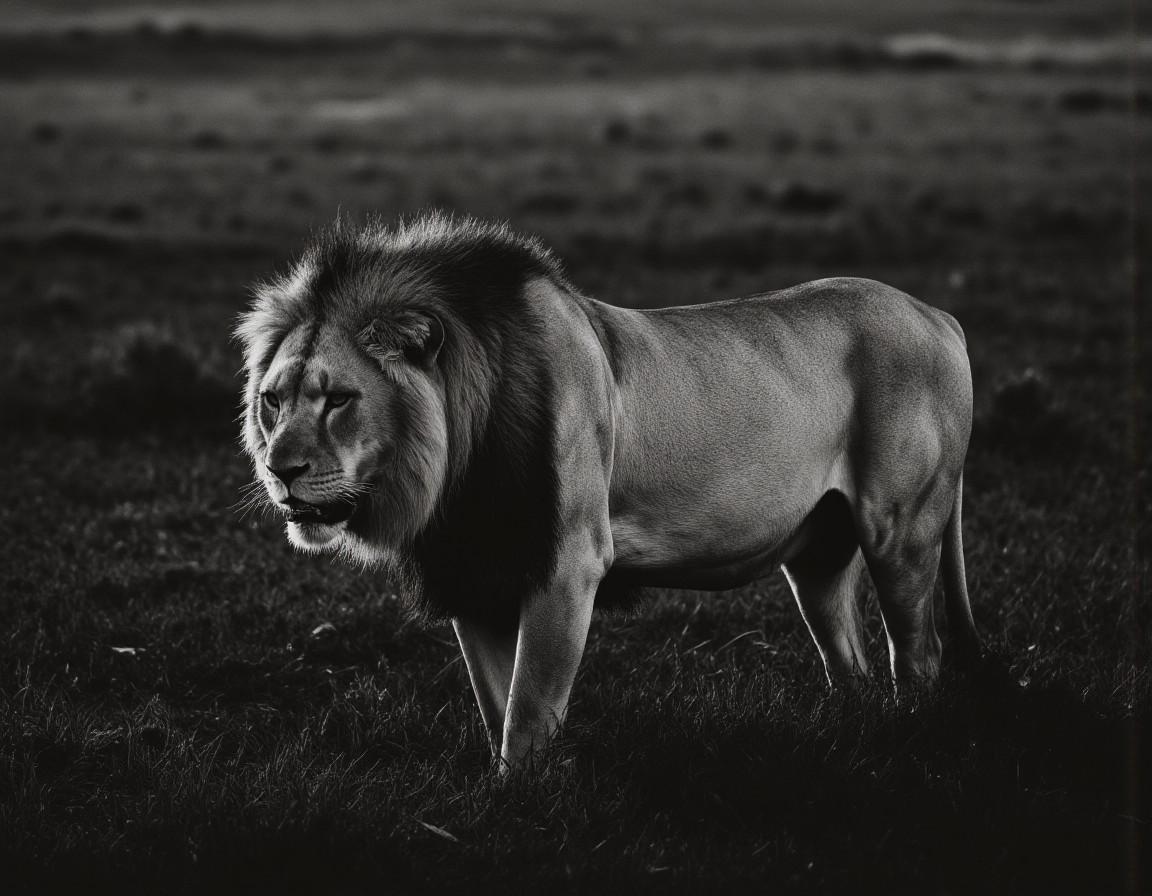 <lora:BWMonochrome:0.85> mono, Photorealistic 8k monochrome wildlife shot of a lion prowling the Savannah. The lion's fur is textured with intricate details, set against a stark, high-contrast landscape. Dramatic lighting emphasizes muscle definition and the expansive, grassy plains. . 35mm photograph, film, bokeh, professional, 4k, highly detailed