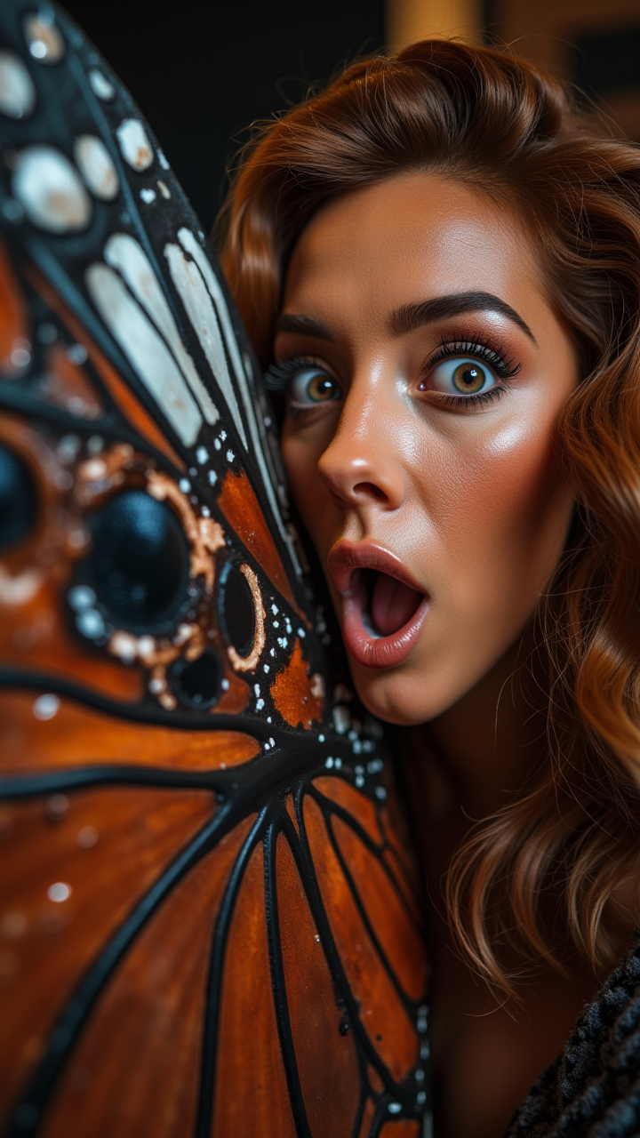 A Fashion designer discovering pork chops for The Pale time, with wide chin and a shocked expression. Next to the Butterfly wing, a background inspired Bar stool displays the Text: "Image Upgrader FLUX, " with the caption, "When you discover the ultimate tool for image enhancement."