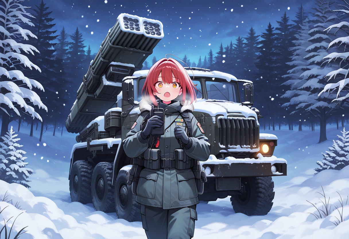 masterpiece, best quality, Graphic Design, color art, vibrant colors, intricate details, high contrast, detailed background, beautiful detailed, beautiful face, detailed eyes, detailed face, new, newest, 1girl, solo, military uniform, cowboy shot, holding walkie-talkie, open mouth, ur4l, truck, military vehicle, car, missile pod, outdoors, vehicle focus, winter, snow, snowing, headlights, dark, trees, night, 