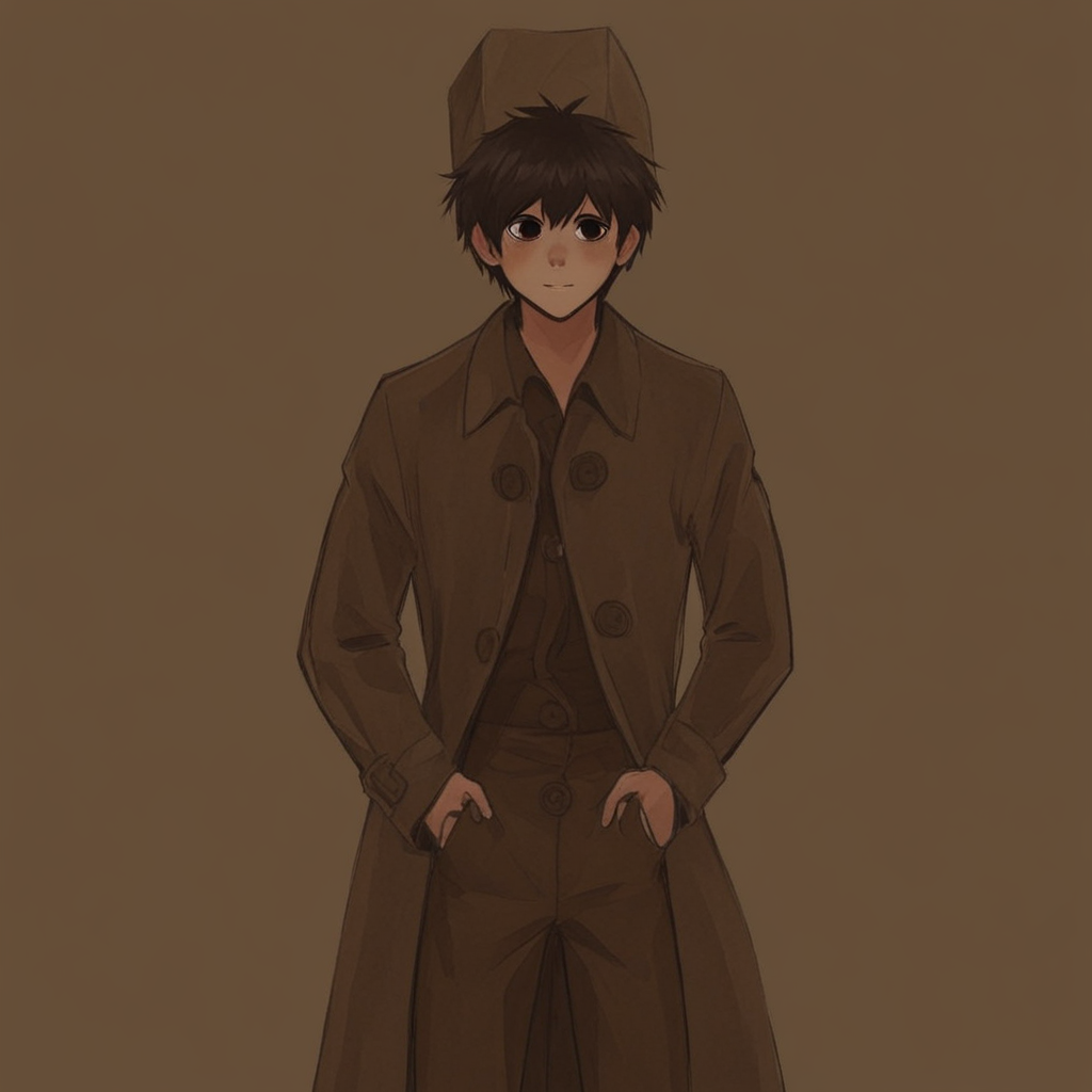 Boy wearing a white shirt and brown pants under a brown trench coat, Boy wearing a brown paper bag on, bright eyes, short brown hair, small boy