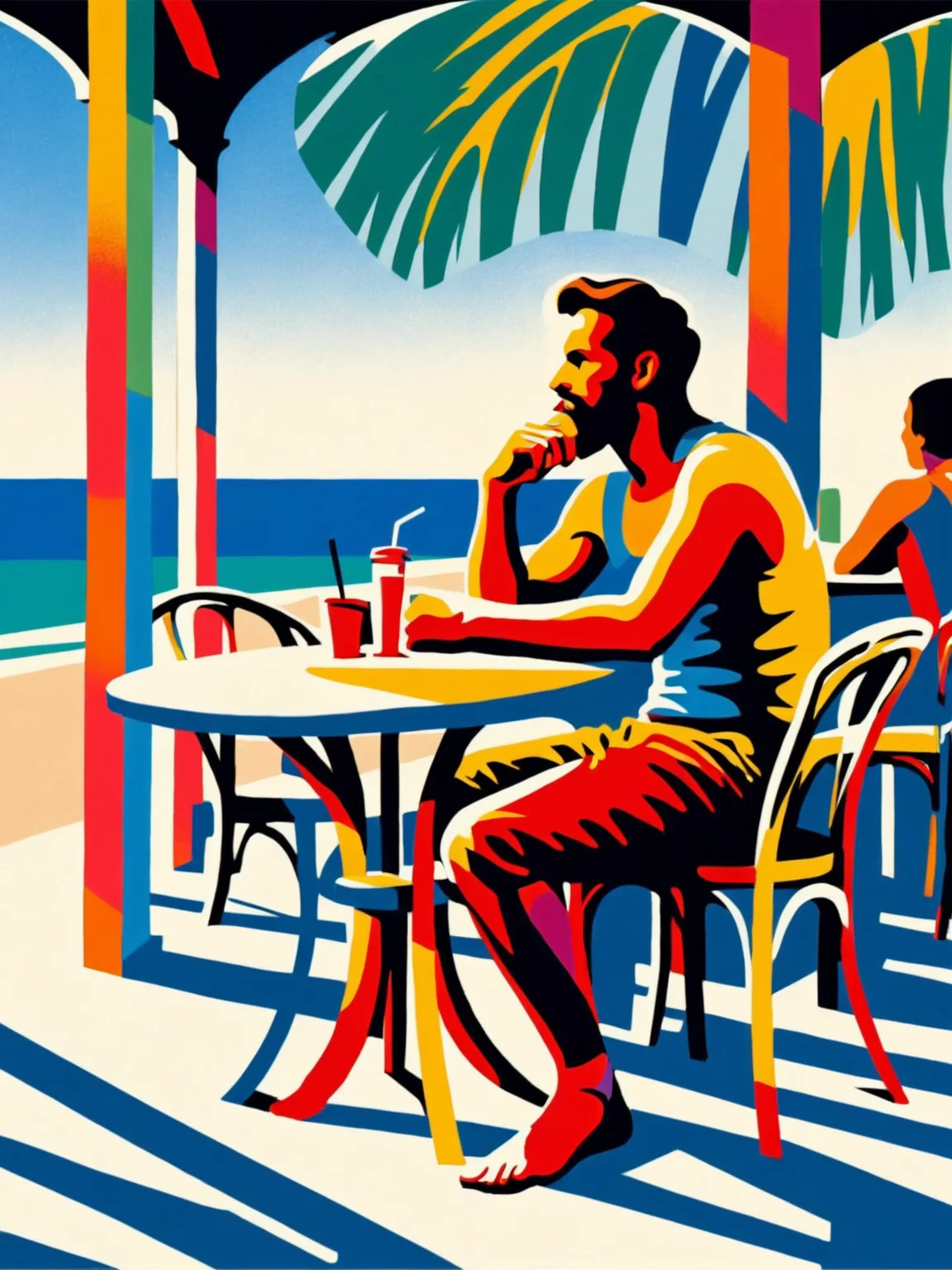 mad-stncl, man sitting in a beach cafe, <lora:Stencil_Art_SDXL:0.8>, (masterpiece:1.2), best quality