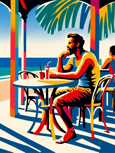 mad-stncl, man sitting in a beach cafe,  <lora:Stencil_Art_SDXL:0.8>, (masterpiece:1.2), best quality