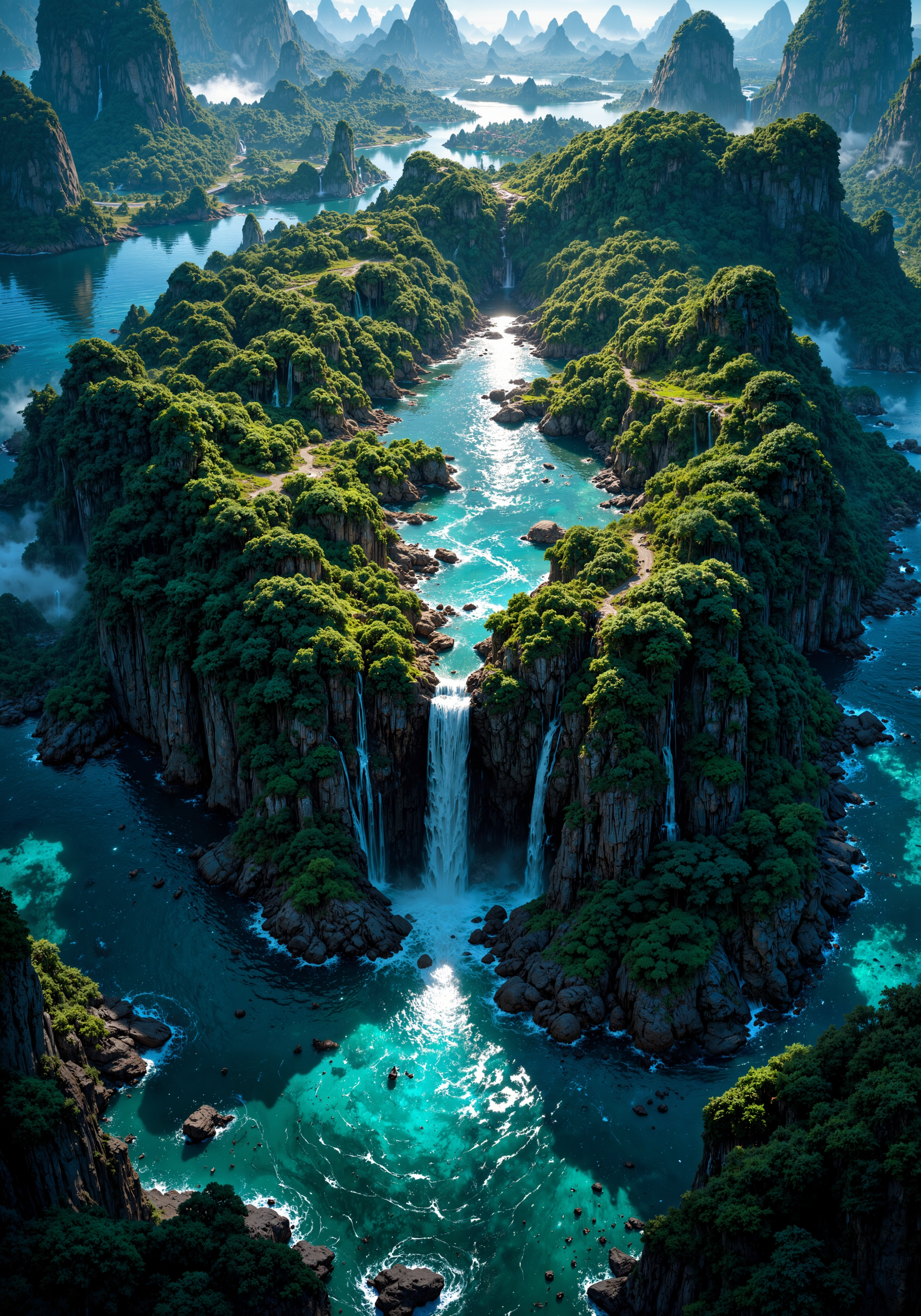 Aerial view, high-altitude perspective, secluded island amid crystalline archipelago, shimmering prismatic hues, undulating lush forests, cascading waterfall merging with mist-laden lagoon, expansive natural textures, intricate rock formations, verdant splendor, dramatic atmospheric lighting, dynamic cinematic framing, advanced 8k quality, masterpiece level hyper-detail, surreal interplay of shadow and radiant brilliance, evocative color palette, majestic scale, ethereal ambiance, intricate detailing, spatial depth, refined composition. <lora:FluxMythAn1meL1nes:0.4> <lora:FluxMythP0rtr4itStyle:0.6> <lora:MysticFantasy:0.6> <lora:flux_dev:1>