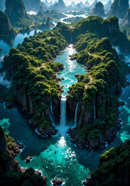 Aerial view, high-altitude perspective, secluded island amid crystalline archipelago, shimmering prismatic hues, undulating lush forests, cascading waterfall merging with mist-laden lagoon, expansive natural textures, intricate rock formations, verdant splendor, dramatic atmospheric lighting, dynamic cinematic framing, advanced 8k quality, masterpiece level hyper-detail, surreal interplay of shadow and radiant brilliance, evocative color palette, majestic scale, ethereal ambiance, intricate detailing, spatial depth, refined composition. <lora:FluxMythAn1meL1nes:0.4> <lora:FluxMythP0rtr4itStyle:0.6> <lora:MysticFantasy:0.6> <lora:flux_dev:1>