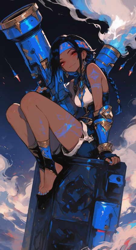 masterpiece, best quality, good quality, very awa, very aesthetic, absurdres, newest, 1girl, solo, long hair, looking at viewer, smile, black hair, gloves, red eyes, jewelry, bare shoulders, medium breasts, braid, weapon, earrings, shorts, barefoot, dark skin, fingerless gloves, nail polish, dark-skinned female, toes, tattoo, headband, gauntlets, toenails, blue nails, smoke, toenail polish, cannon, toeless legwear, huge weapon, rocket launcher, Protoneon <lora:ponyv6_noobV1_2_adamW-000017:0.7> <lora:USNR_STYLE_XL_lokr:0.45> <lora:745cmSDXLvpred75S:0.8> <lora:Protoneon-05:0.7>