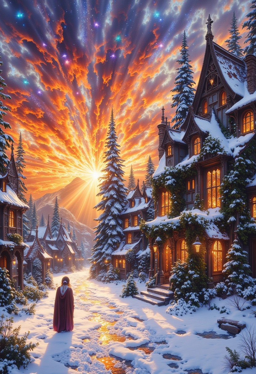 watercolor art by Beatrix Potter, Anne Stokes and Claude Monet, As the sun begins to set, a vibrant and colorful scene unfolds before your eyes. The sky transforms into a canvas of pure snowy beauty, with reflections falling from the rooftops and swirling patterns in a blur. A sharp focus, ,  allegorical art,  English landscapes, stylish,   tattoo ink,  watercolors, Architectural theorist,  gourmet,  intricate details,  experimental processes,  intricate ironwork, symbolic,  futuristic landscapes, intense, flowing, ambient light, very inspirational, magical, <lora:models\Flux\flux.1_lora_flyway_Epic-Characters_v1:0.53><lora:models\Flux\realism_lora_comfy flux_converted:0.45><lora:models\Flux\FantasyWizardWitchesFluxV2-000001:0.6><lora:models\Flux\FluxGhost-000001:0.45>,