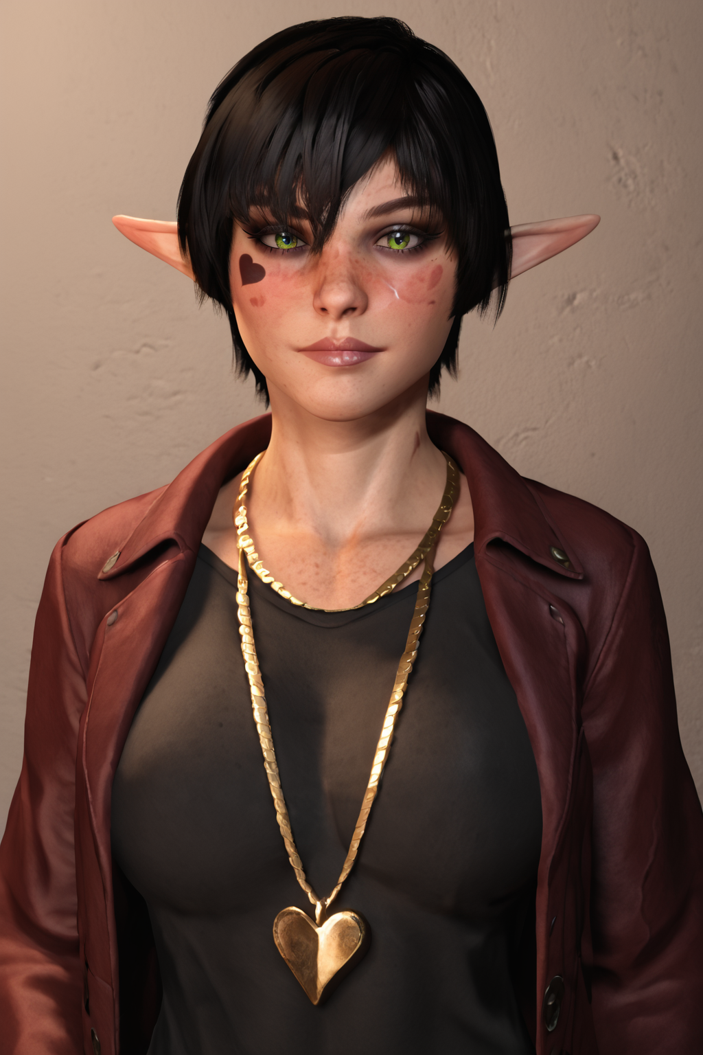 score_9, score_8_up, score_7_up, 3d, blender, cinematic, photorealistic, extremely detailed, perfect face, beauty face, gorgeous face,
1girl, solo,<lora:Verasca_WIP-000057:0.6>  muscular,  freckles, face freckles, body freckles, black limbs, gradient arms, black hair, short hair, pixie cut, green eyes, partially covered eyes, elf ears, heart tattoo, scar on face,
black top, shirt, <lora:Fur_Coat:0.8> red Fur Coat, golden necklace, jewelry, multiple necklaces, shiny, gold,  looking at viewer,
