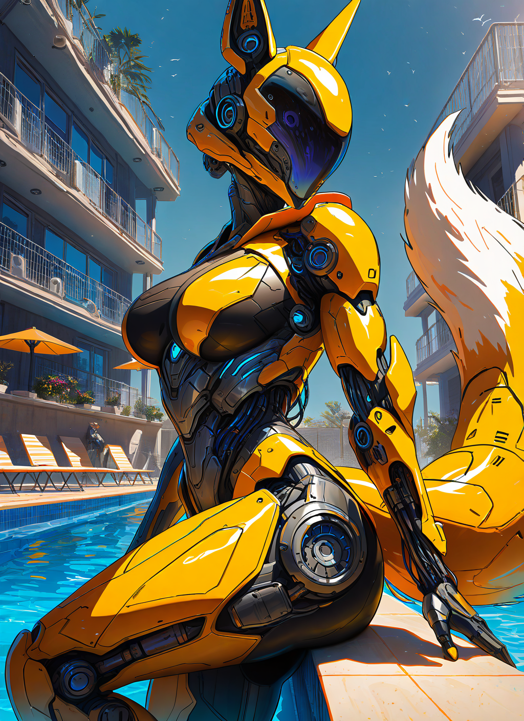 masterpiece, best quality, newest, absurdres, highres, painting, mcnm, cyborg, large breasts, fox ears, fox tail, soft glow, helmet, yellow armor, pool, sunny day, violet sky, looking at viewer, detailed, <lora:Mechanism-Illustious:1.0>
