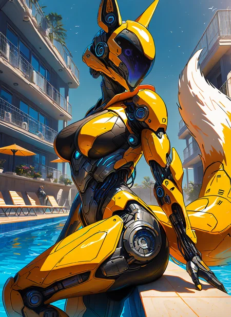 masterpiece, best quality, newest, absurdres, highres, painting, mcnm, cyborg, large breasts, fox ears, fox tail, soft glow, helmet, yellow armor, pool, sunny day, violet sky, looking at viewer, detailed, <lora:Mechanism-Illustious:1.0>