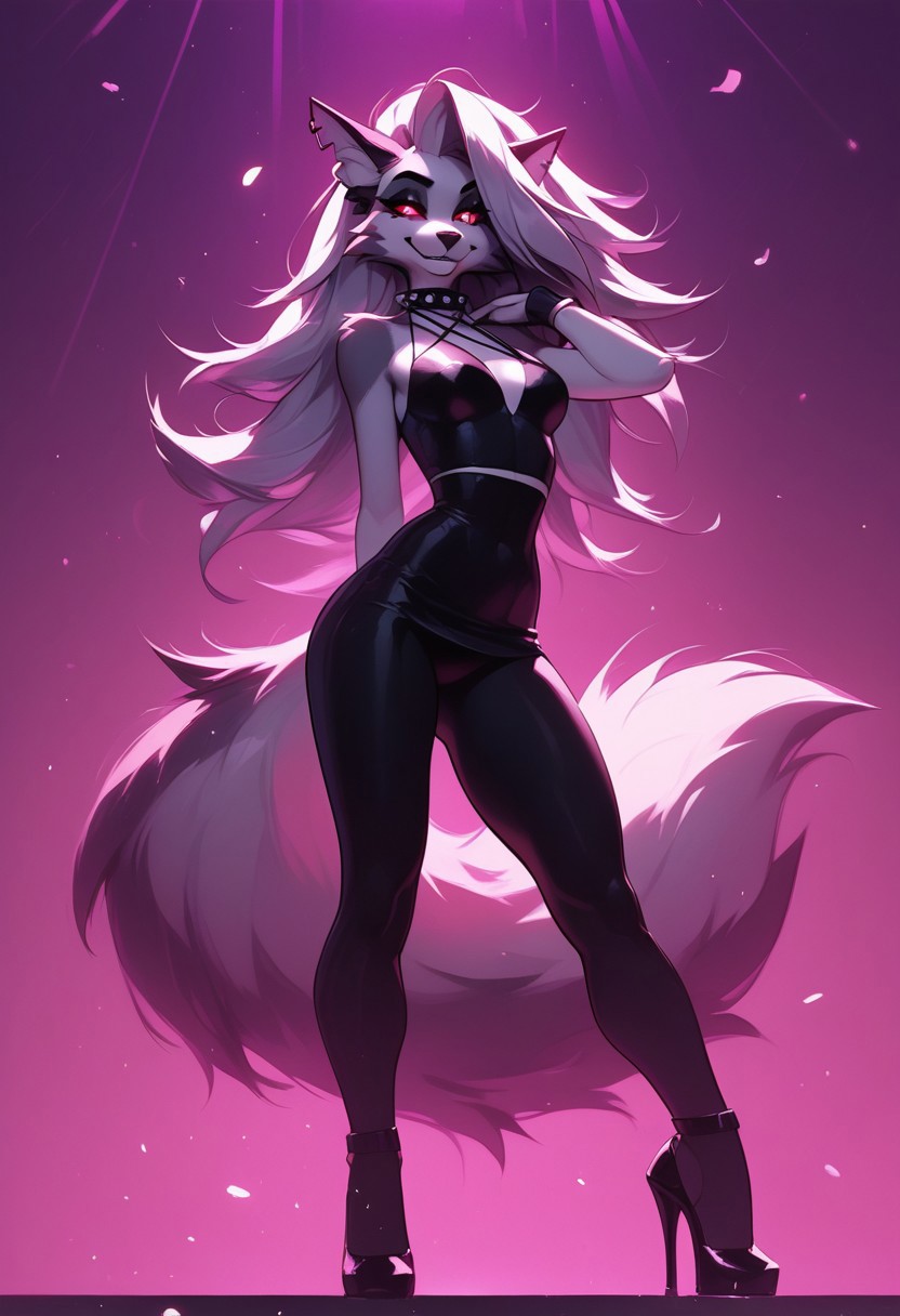 score_9, score_8_up, score_7_up, score_6_up, 1girl, solo, loona, from hellova boss, anthro furry, long hair, nightclub outfit, tight pink dress, perfect face, perfecteyes, sexy, sexy girl, beautiful eyes,  dancing, dynamic angle, full body shot, red eyes, glowing eyes, red sclera, long fluffy tail, pop star, singing