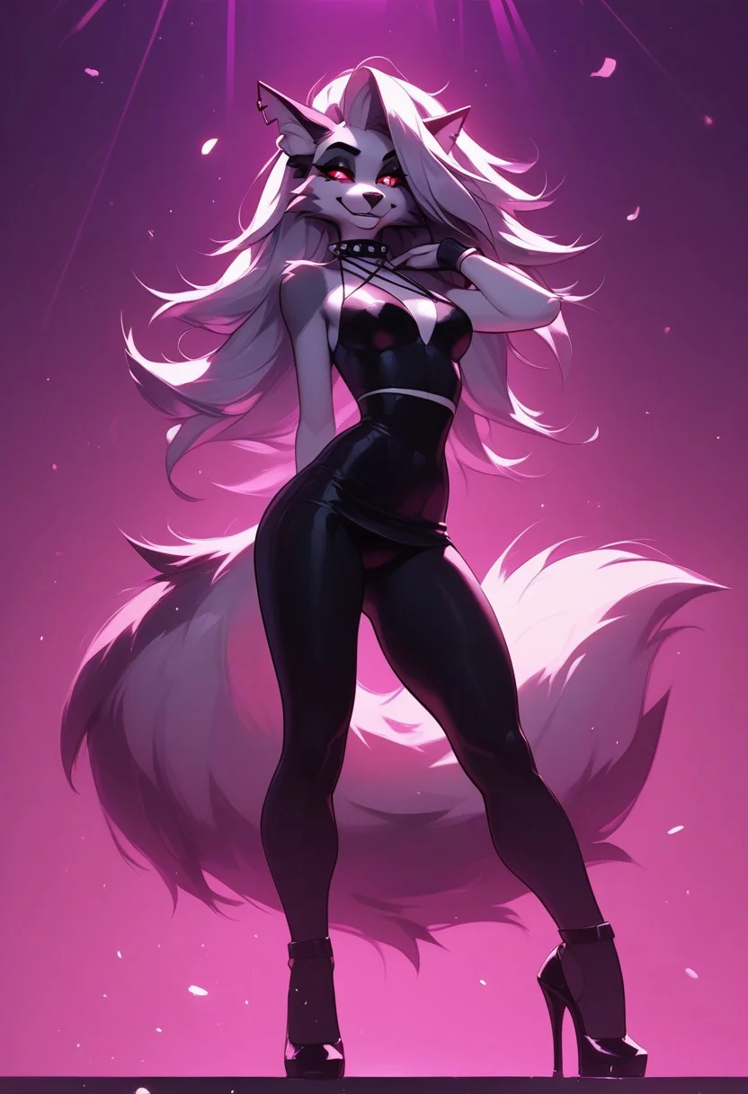 score_9, score_8_up, score_7_up, score_6_up, 1girl, solo, loona, from hellova boss, anthro furry, long hair, nightclub outfit, tight pink dress, perfect face, perfecteyes, sexy, sexy girl, beautiful eyes,  dancing, dynamic angle, full body shot, red eyes, glowing eyes, red sclera, long fluffy tail, pop star, singing