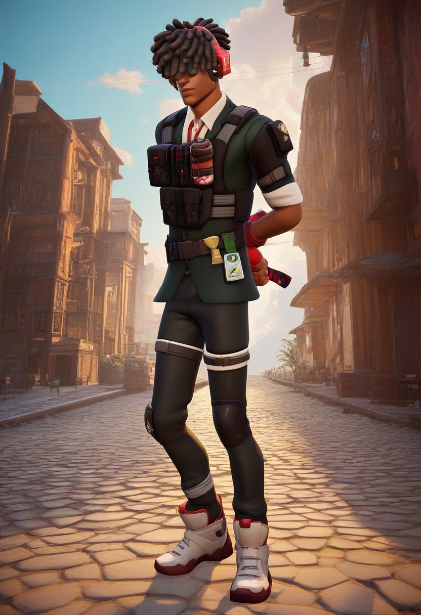 score_9, score_8_up, score_7_up, score_6_up, score_5_up, score_4_up, BREAK <lora:Lunas-FortniteStyle-SDXL-A1:1>,toned male, 1boy,
kwame, dark skin, afro locs hairstyle, red over‑ear headphones, green slim‑fit suit, white shirt underneath, black tactical vest, red fingerless gloves, white futuristic boots, modern weapons belt, ingame
city, holding red katana, , posing, dramatic lighting, dynamic pose, dramatic scene, full body view, accurate shadows, ((hands behind back, standing))