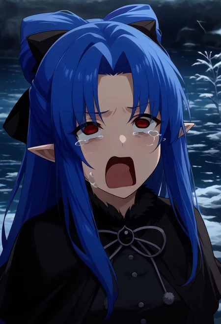 score_9, score_8_up, 1girl, len, kuro, source_anime, anime screencap, anime coloring, 2d, Expressiveh, beautiful blue hair, long hair, half updo, parted bangs, hair ribbon, black ribbon, , perfect shiny hair, pointy ears, ultra-detailed eyes, beautiful crimson red eyes, beautiful feminine face, perfect face, beautiful skin details, perfect slender proportions, ultra-narrow, waist, black dress, buttoned up, capelet, fur trimmed neck, outdoors, aquascreaming, screaming, open mouth, crying with eyes open, closeup on face, zPDXL2