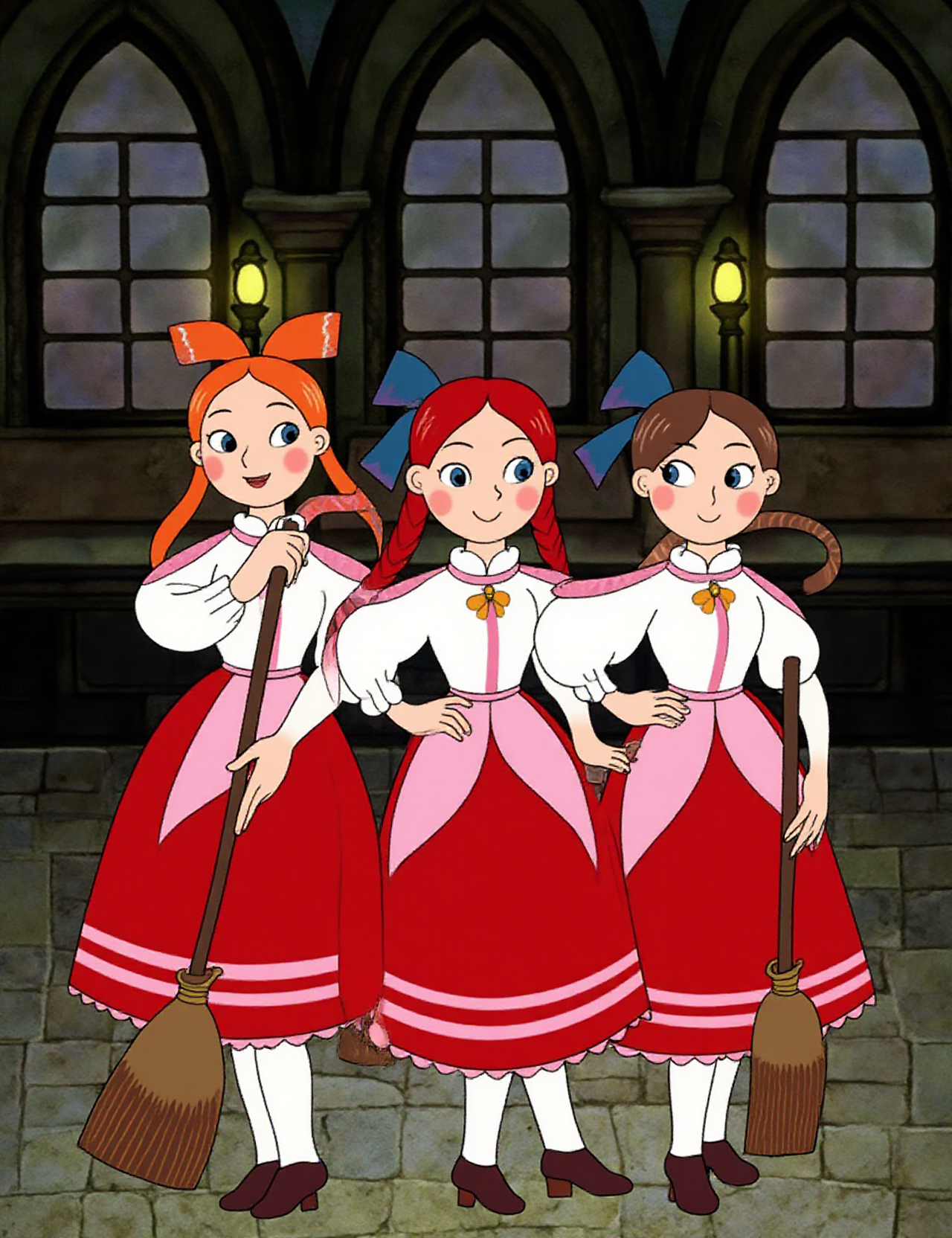 Folk tale in the style of hunfolstyle, featuring three young girls dressed as traditional Bavarian maidens. They are standing in a row, facing forward, with their backs to the viewer. Each girl has long, straight hair tied in a high ponytail with a large bow. The girl on the left has orange hair and wears a white blouse with pink ruffled trim, paired with a red skirt adorned with white stripes. She holds a broom in her right hand, and her left hand is on her hip. The middle girl has red hair and wears a similar outfit, with a blue ribbon around her neck and a blue bow in her hair. She also holds a broom. The girl on the right has brown hair and wears a white blouse with a pink ruffled trim, paired with a red skirt with white stripes. She also holds a broom and wears a blue ribbon around her neck. All three girls have expressive, cheerful faces with large eyes and rosy cheeks. The background is a dimly lit, ornate room with arched windows and a stone floor, suggesting a castle or grand mansion setting. The overall mood is cheerful and whimsical, with the girls' outfits and the brooms adding a touch of fantasy. 