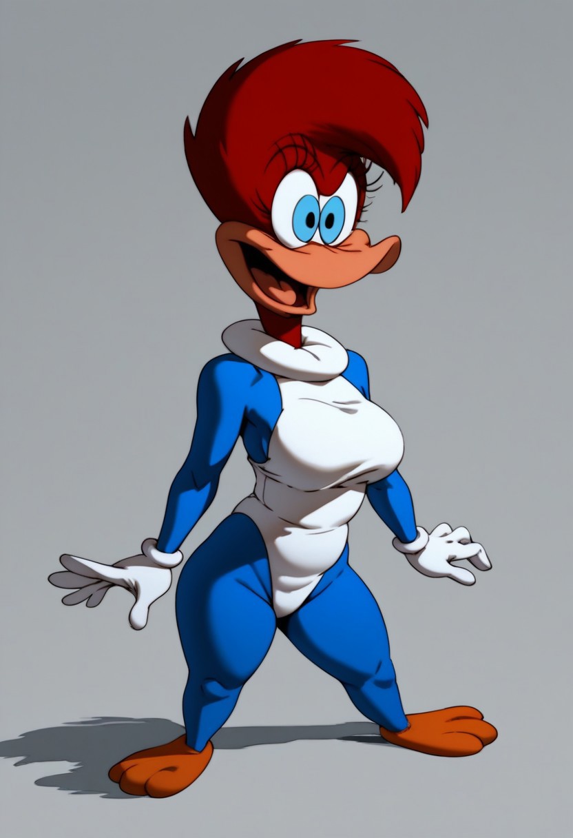 score_9, score_8_up, score_7_up, winnie woodpecker, estabilishing shot, red hair, full body, blue skin, white underbelly, leotard, white gloves, voluptuous anthro, large breasts