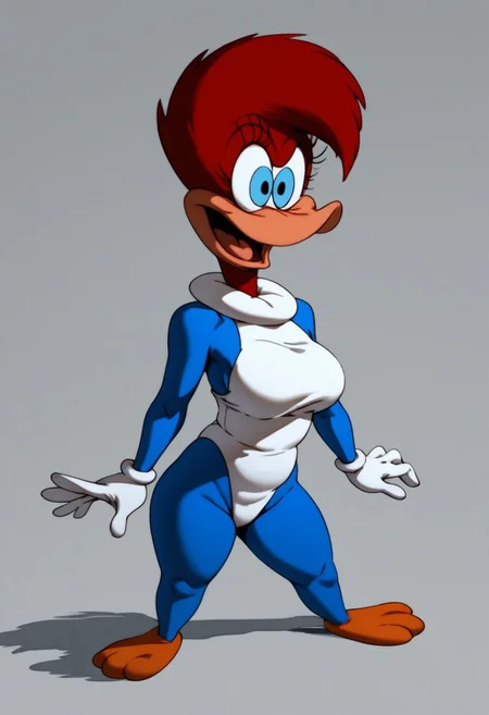 score_9, score_8_up, score_7_up, winnie woodpecker, estabilishing shot, red hair, full body, blue skin, white underbelly, leotard, white gloves, voluptuous anthro, large breasts