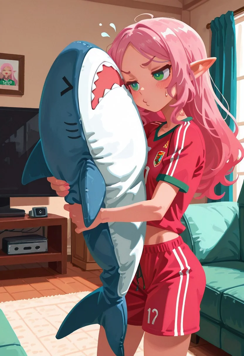 solo,
living room, holding ikea shark, o3o, imminent kiss, >_<. comedic sweatdrop,
elf girl, skinny, pink hair, green eyes, soccer jersey,
t4kar4i_illu, no_outlines, no lineart,
masterpiece, best quality, absurdres, [dynamic pose]