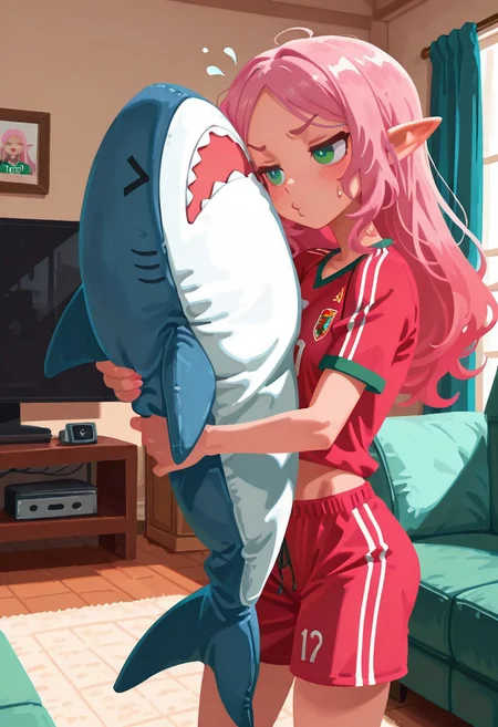 solo,
living room, holding ikea shark, o3o, imminent kiss, >_<. comedic sweatdrop,
elf girl, skinny, pink hair, green eyes, soccer jersey,
t4kar4i_illu, no_outlines, no lineart,
masterpiece, best quality, absurdres, [dynamic pose]